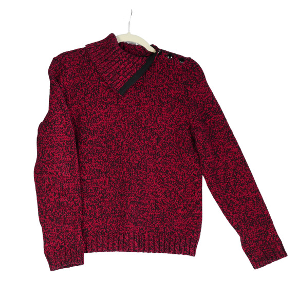 Chaps Pullover Sweater Womens Petite Large Red Black Chunky Knit Cozy Chic Bold - Picture 1 of 10